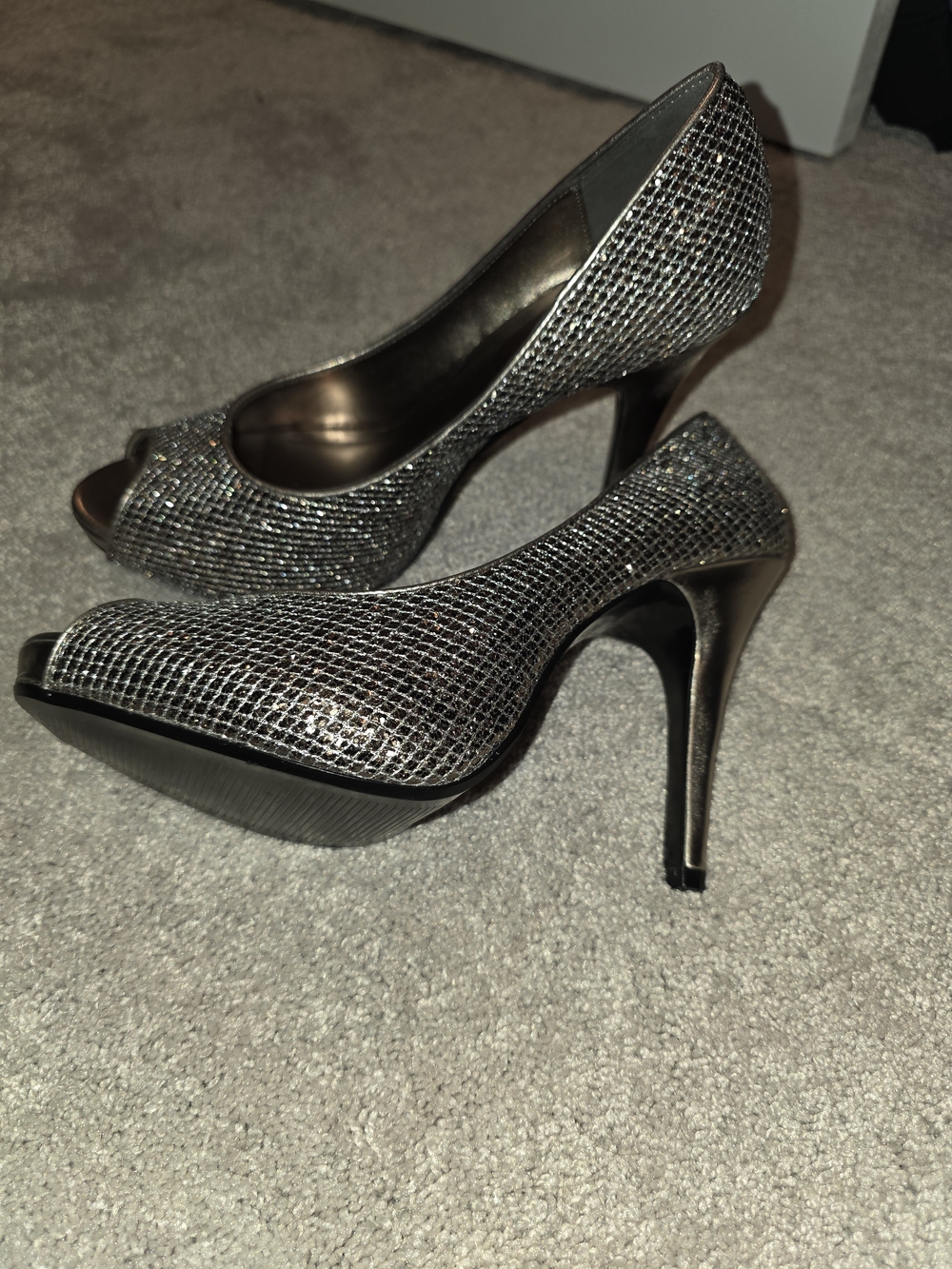 Lulu Townsend Silver Glitter Peep-Toe Stiletto Heels